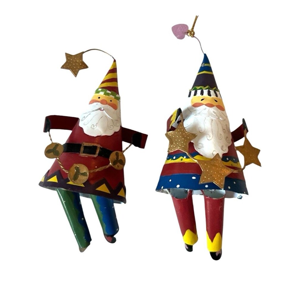 2 - Vintage Santa Claus Ornaments Dangling Legs Metal Christmas Cone 4"